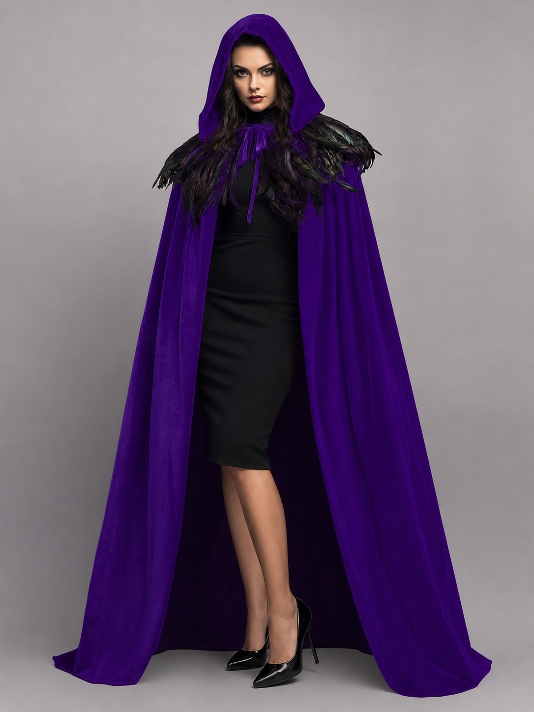 Purple hooded feather-trimmed velvet cape product view 32