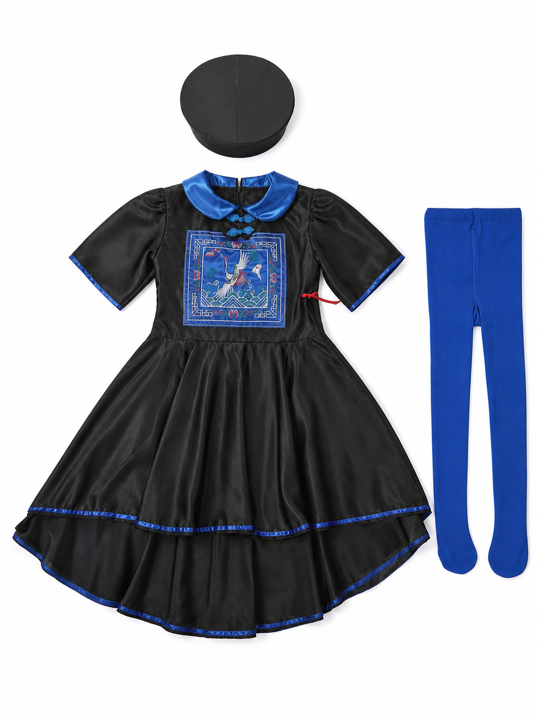 Character Costume: Black Dress with Blue Trim included items