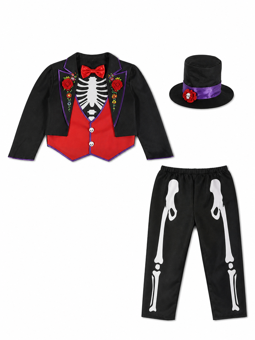 This skeleton costume is designed in the Mexican style of the Day of the Dead celebration. The outfit includes a black jacket with purple trim and floral decorations, a red vest-style front panel with decorative buttons, a red bow tie, blac