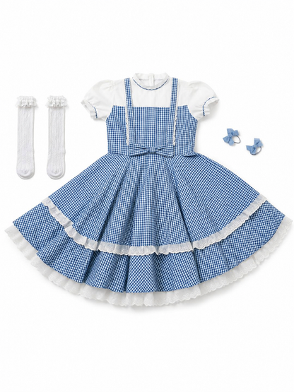 Retro-style plaid dress with socks and bows