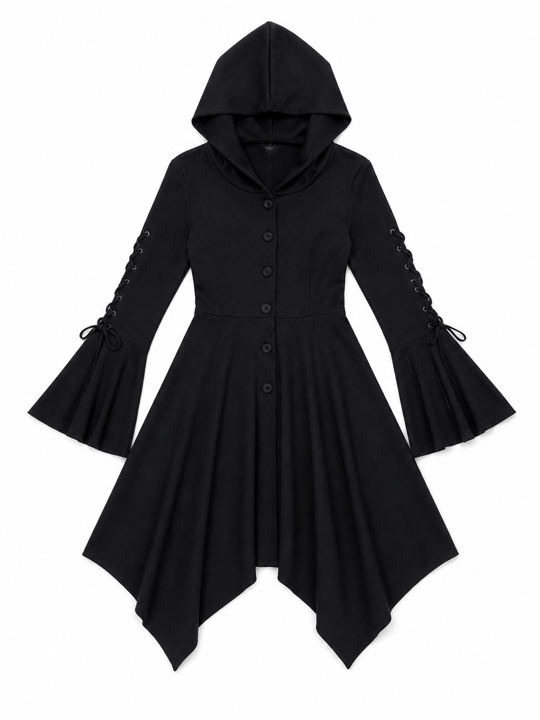 Gothic Hooded Dress with an Asymmetrical Hem