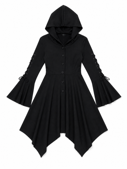 Gothic Hooded Dress with an Asymmetrical Hem