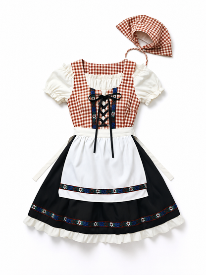 This traditional costume is designed in a vintage folk style and is suitable for creating a striking look for a costume party, themed event, holiday program, or cultural performance. The dress features a brown-and-white plaid pattern: this 