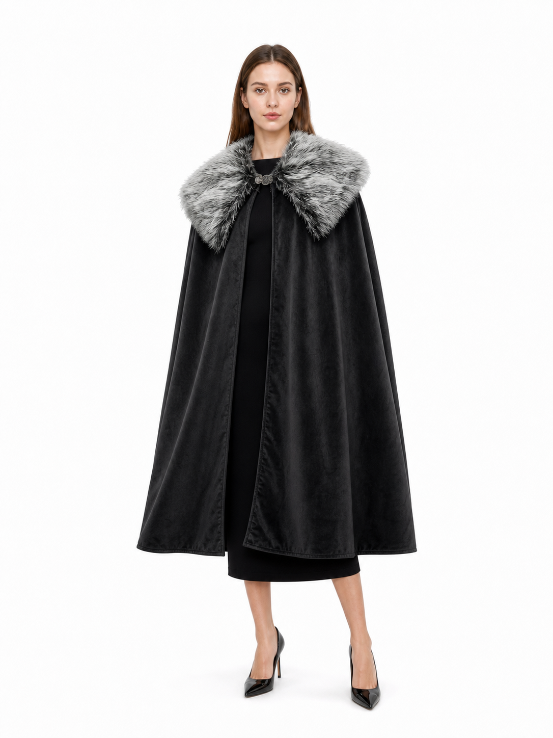 Black Costume Cloak with Faux Fur Collar