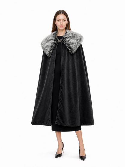 Black Costume Cloak with Faux Fur Collar