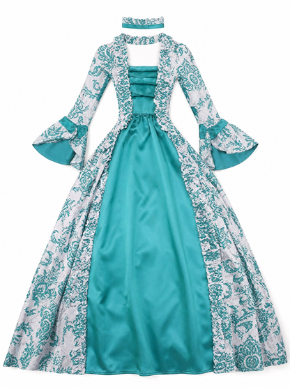 Long Dress with Pattern and Flared Sleeves