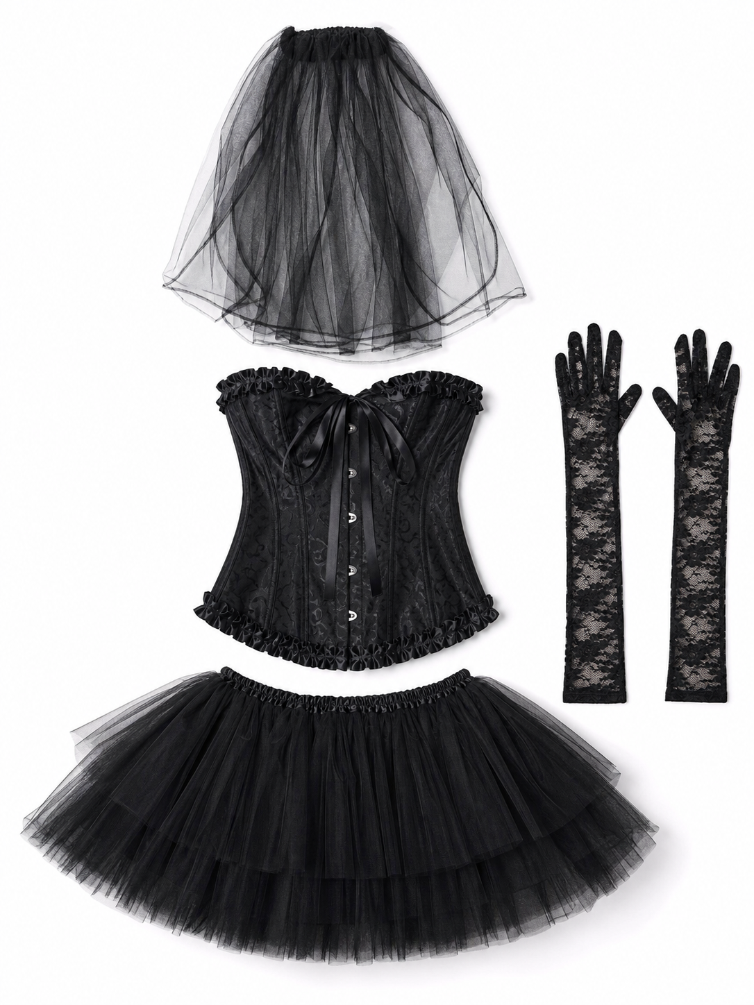 Gothic costume with corset, veil, and gloves