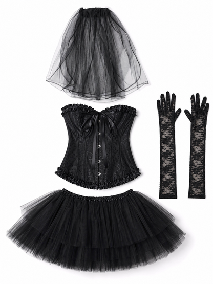Gothic costume with corset, veil, and gloves