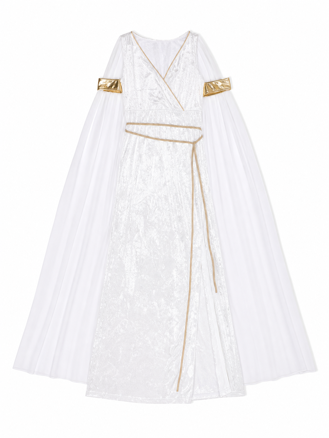White long Greek-style dress with a high slit