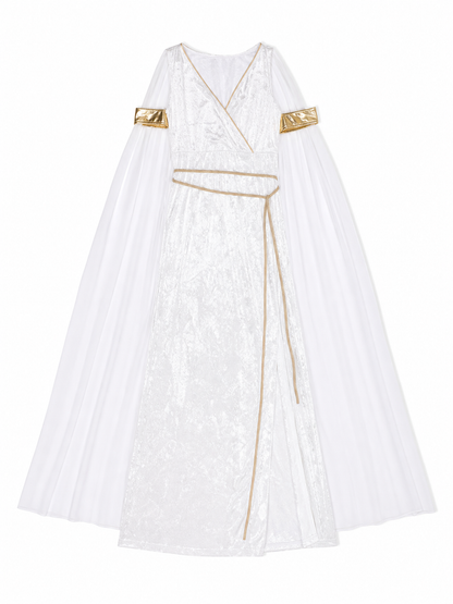 White long Greek-style dress with a high slit