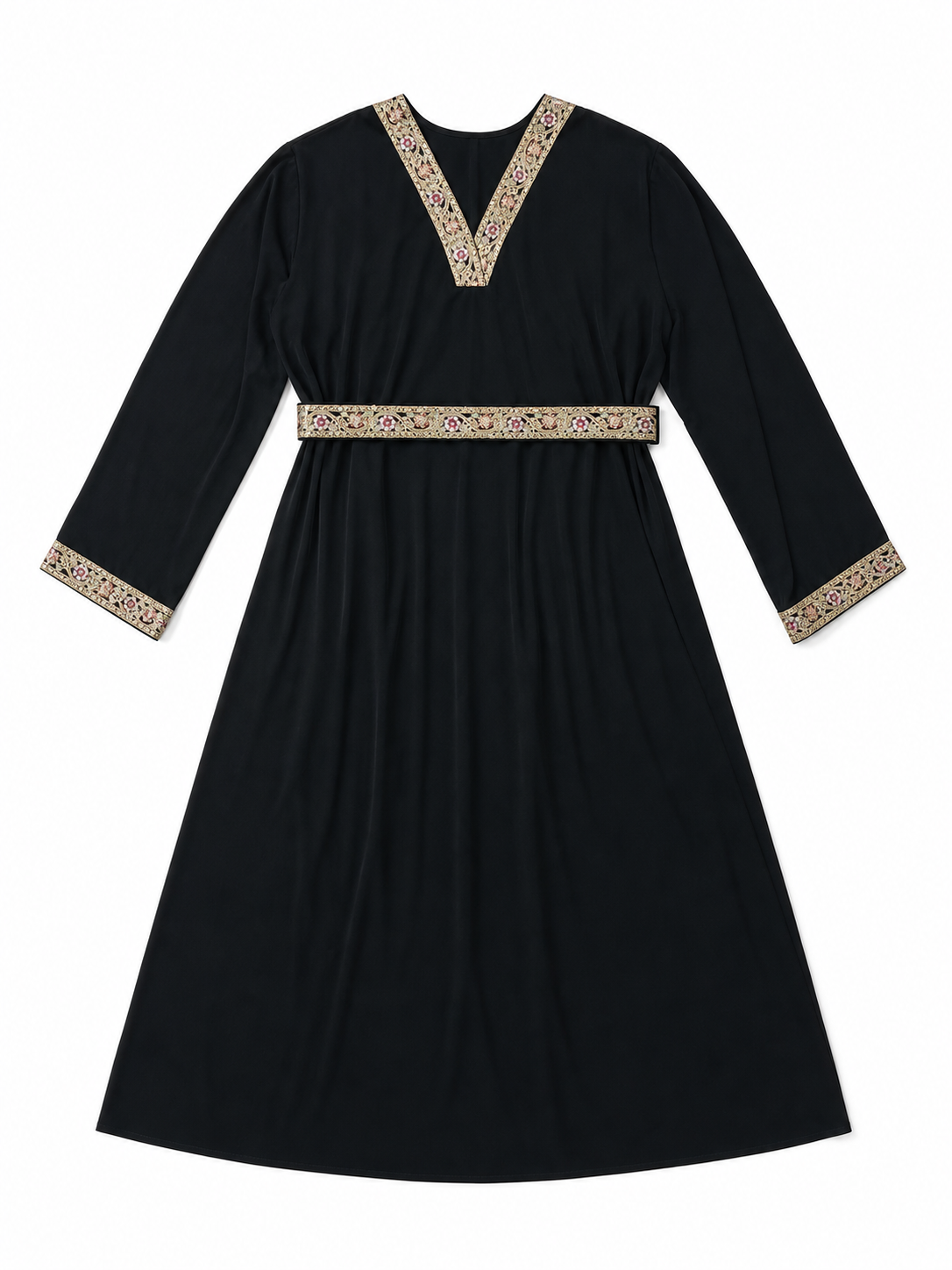Maxi Dress with a V-Neckline and Embroidered Trim