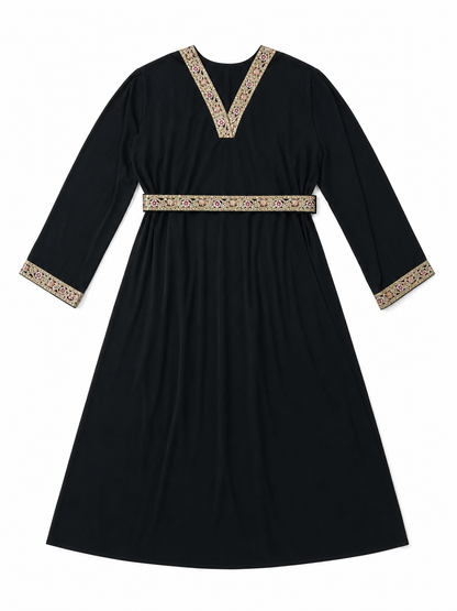 Maxi Dress with a V-Neckline and Embroidered Trim