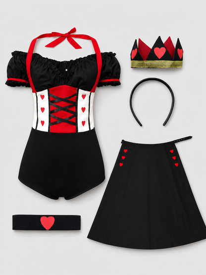 Queen of Hearts Carnival Jumpsuit Costume with Crown and Hearts