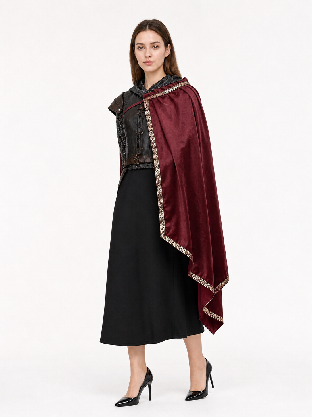 Burgundy velvet-look hooded costume cape product view 68
