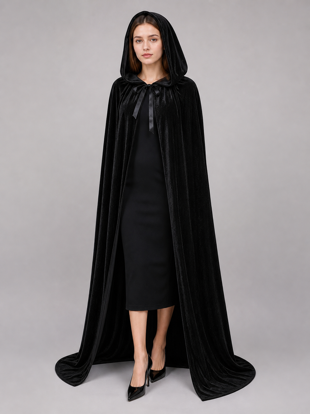 Black medieval hooded costume cloak