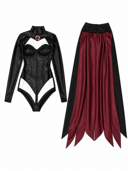 X-Men cosplay costume with cape in a black and burgundy color scheme. The set includes a one-piece costume and a cape, combined into a striking look for role-play transformations and themed events, including Halloween. The design features a