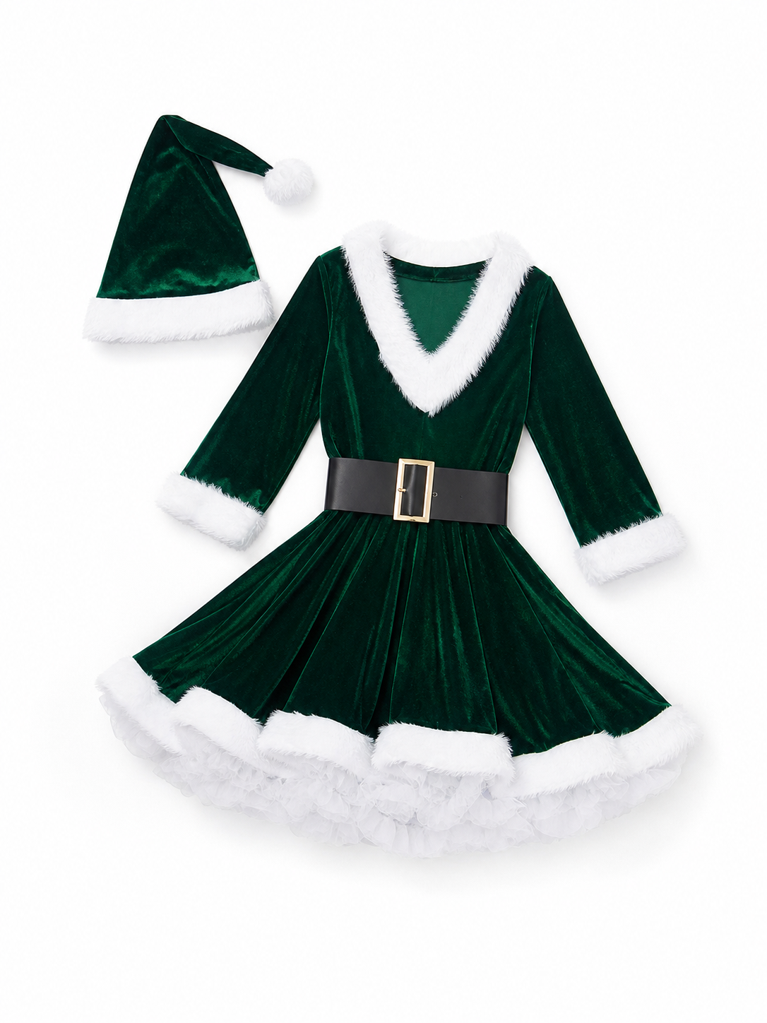 Christmas costume designed in the style of a holiday character, featuring a dark green long-sleeve dress with a full A-line skirt. The model's distinctive detail is the white faux-fur trim along the collar, cuffs, and hemline. The matching 