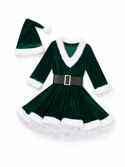 Christmas costume designed in the style of a holiday character, featuring a dark green long-sleeve dress with a full A-line skirt. The model's distinctive detail is the white faux-fur trim along the collar, cuffs, and hemline. The matching 