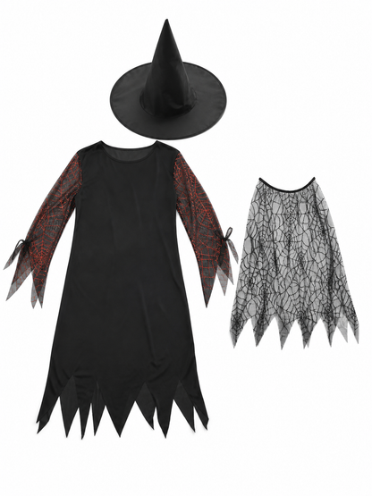 Halloween costume set for a standout look and themed events. The set includes a pointed wide-brim hat and a one-piece long-sleeve dress. The style is mostly black, while the semi-sheer sleeves made from lightweight mesh have a dark red-and-