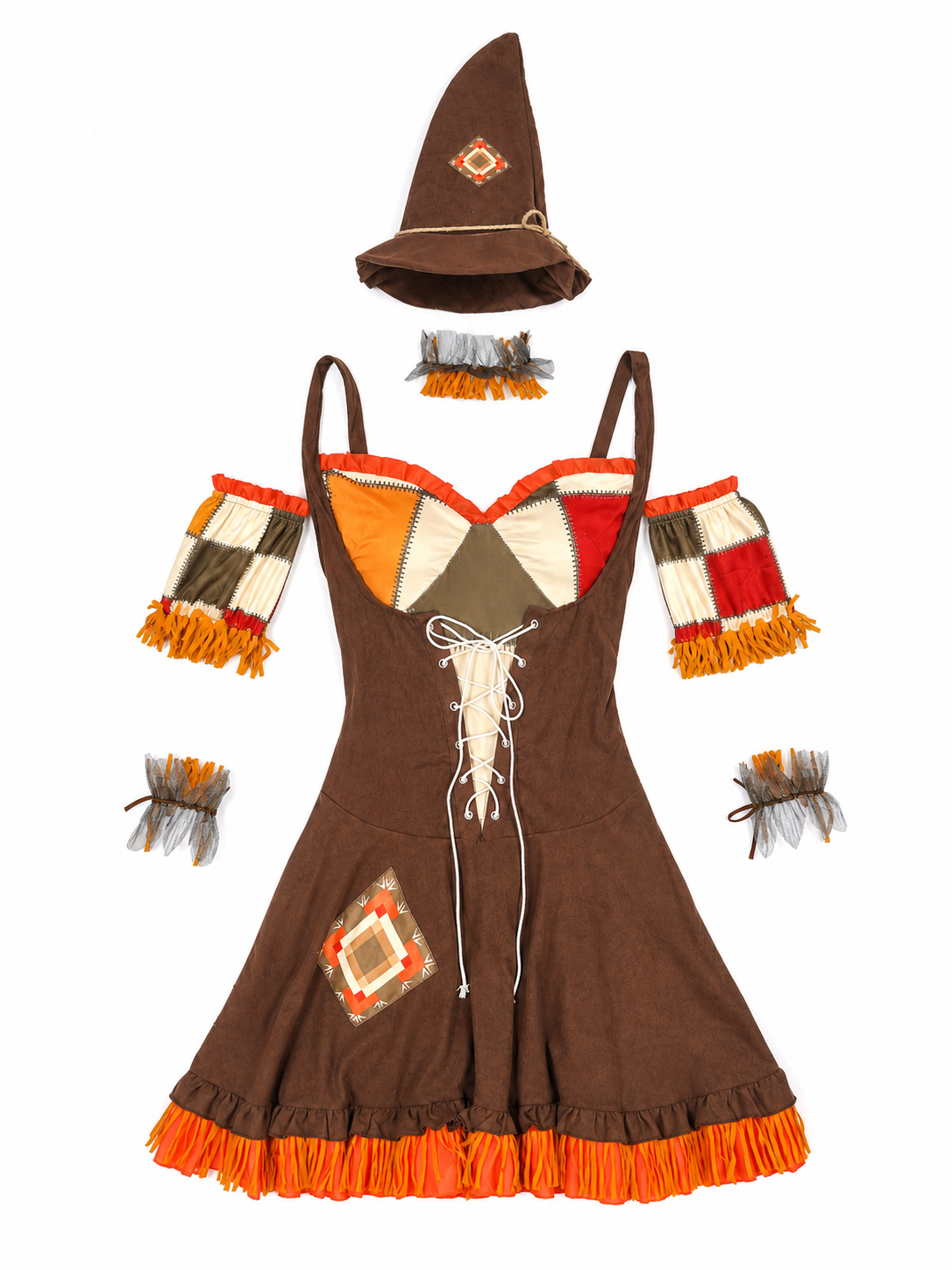 Witch costume with dress, hat, and fringe
