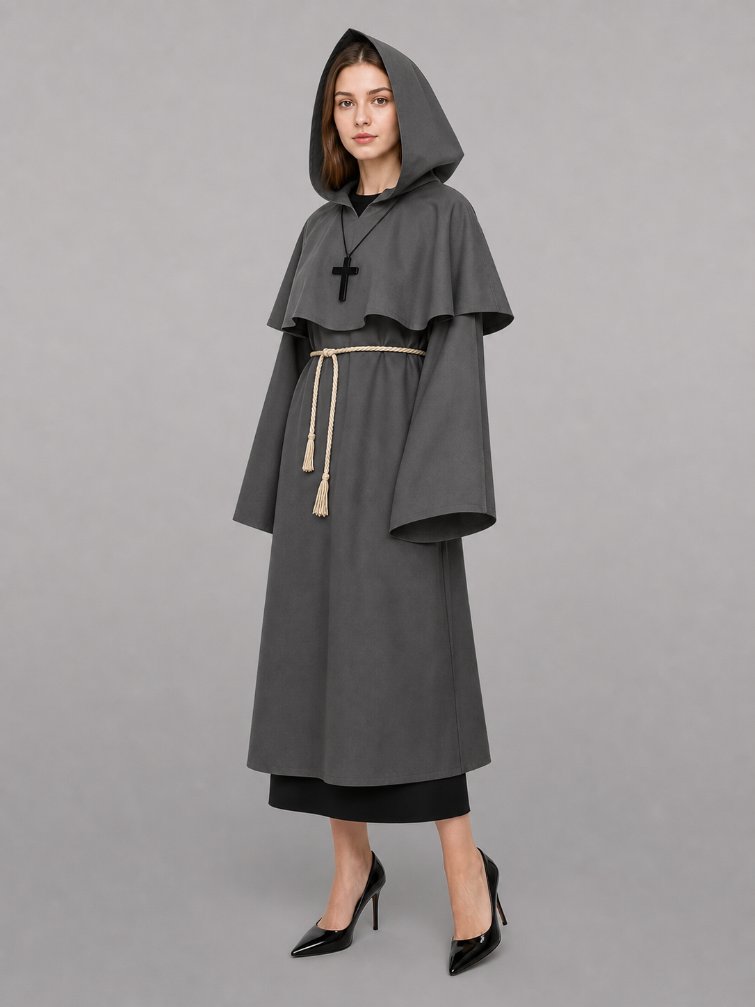 Gray Medieval Hooded Costume Cloak included items 2