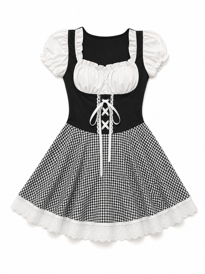 Folk-Style Costume Dress with Plaid Skirt