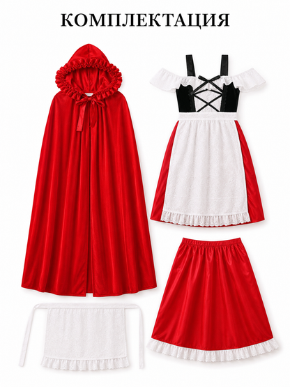 Red Riding Hood costume set designed as a dress with a cape, suitable for stage performances, festive dress-up, and themed cosplay. The set includes a costume combining a red dress with a full silhouette, a white apron-style front, and a re