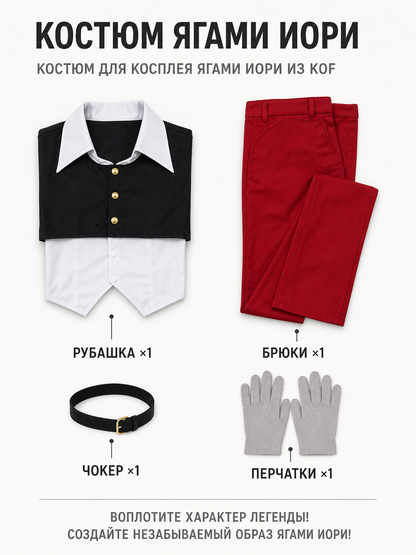 Iori Yagami Cosplay Costume, Black-and-White Top, Red Pants included items