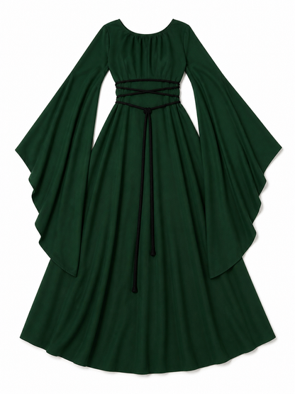Long Dress with Sleeves and Waist Lacing