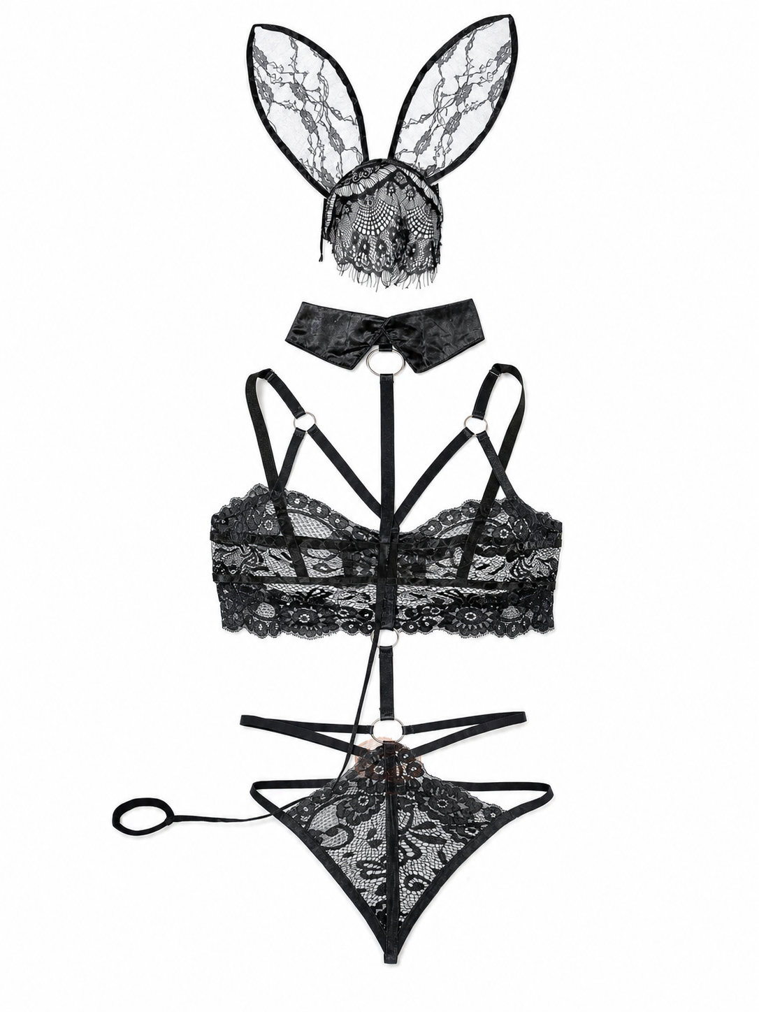 Lace Bunny Costume with Ears and Decorative Straps