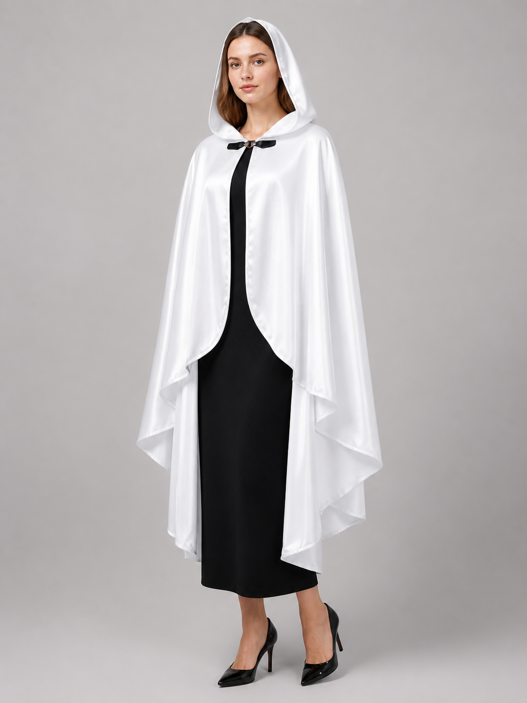 Long white hooded satin-look carnival cape product view 64