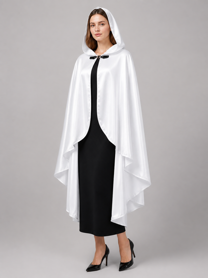 Long white hooded satin-look carnival cape product view 64
