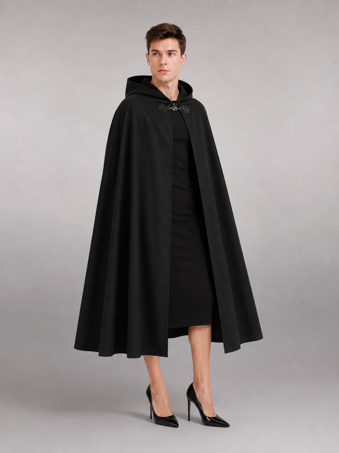Long black hooded carnival cloak