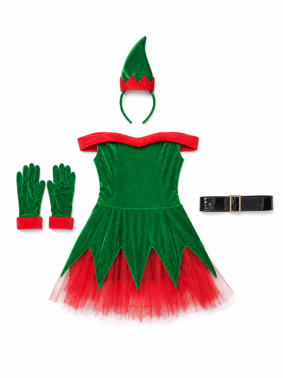 Christmas Elf Costume with Green Skirt and Red Trim