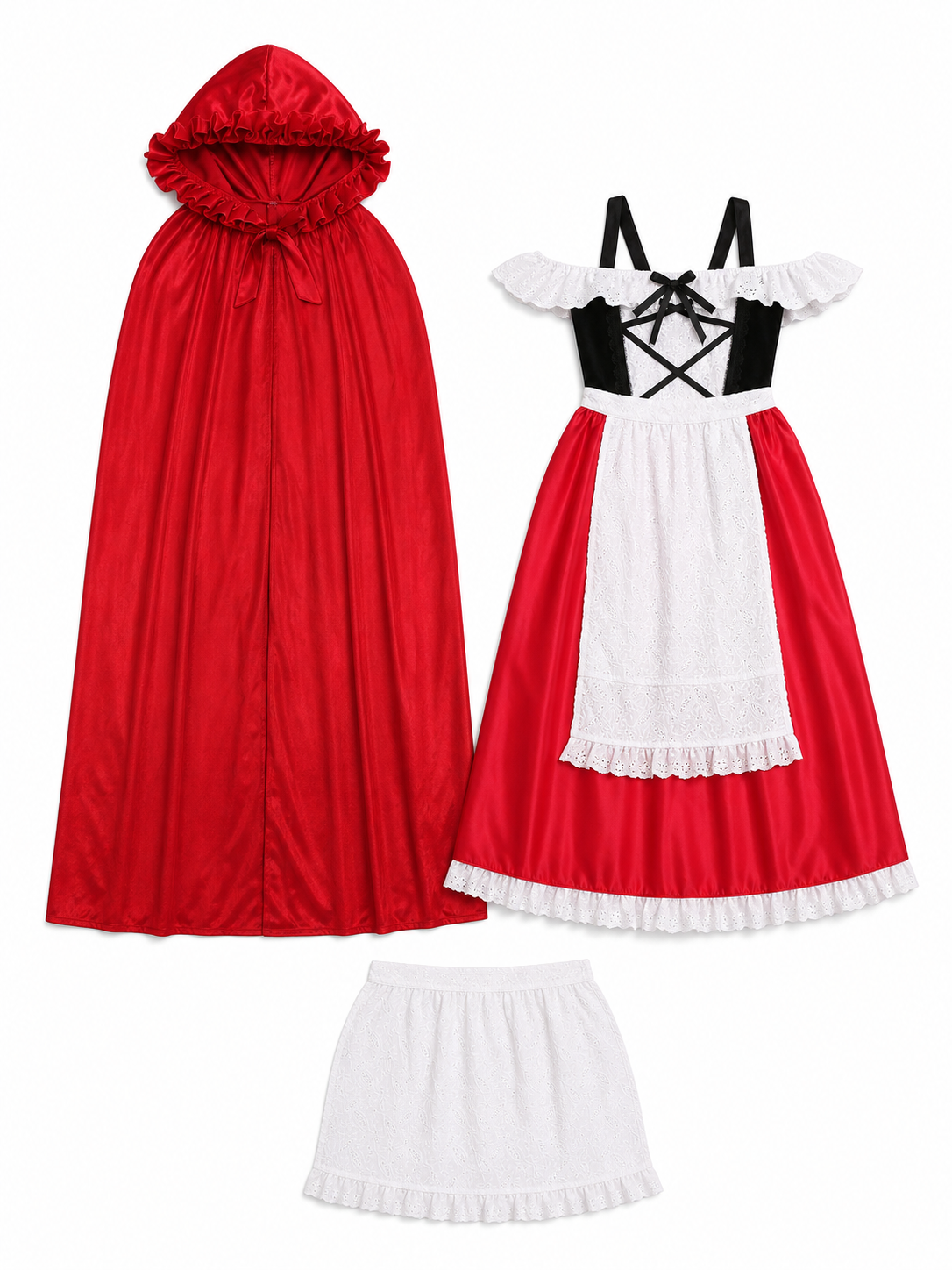 Red Riding Hood costume set designed as a dress with a cape, suitable for stage performances, festive dress-up, and themed cosplay. The set includes a costume combining a red dress with a full silhouette, a white apron-style front, and a re