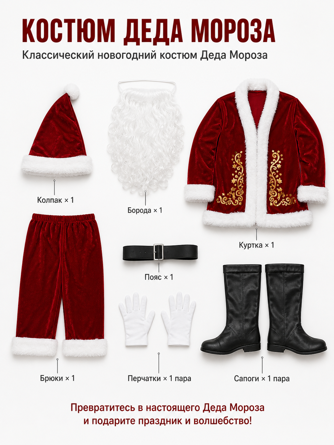 Santa Claus Costume, Red with White Fur Trim and Beard included items