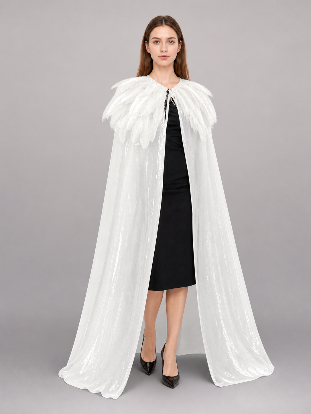 White Velvet Cape with Feather Trim, Maxi