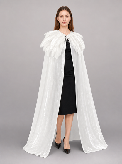 White Velvet Cape with Feather Trim, Maxi