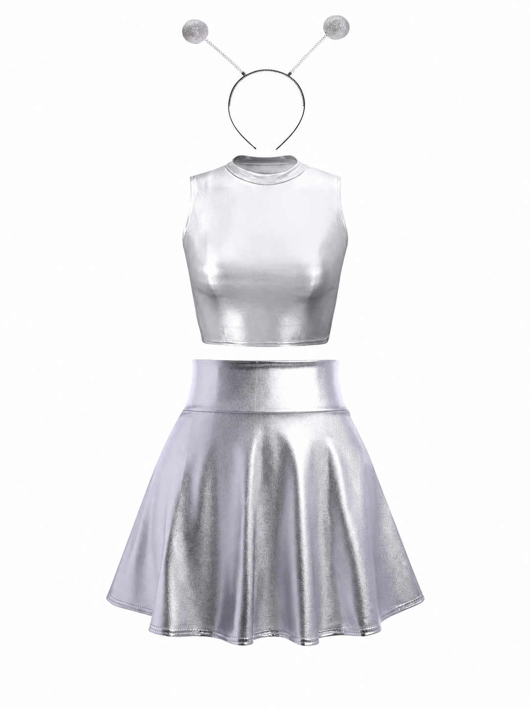 Silver stage costume: top, skirt, and headband