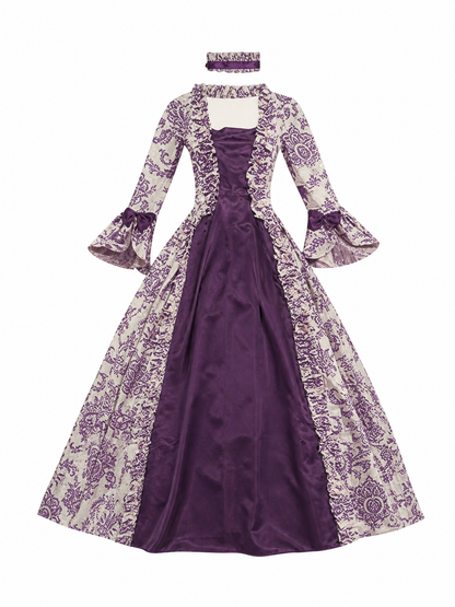 Long-Sleeve Evening Dress with Patterned Bodice