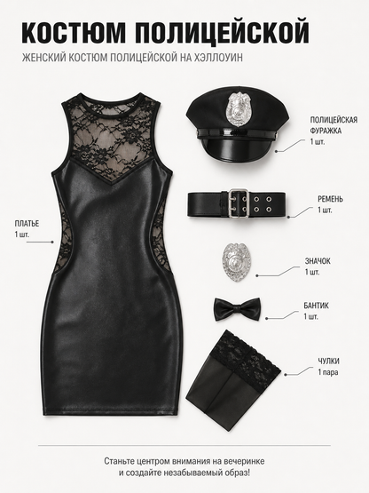 Black Short Police-Style Dress with Belt and Lace included items