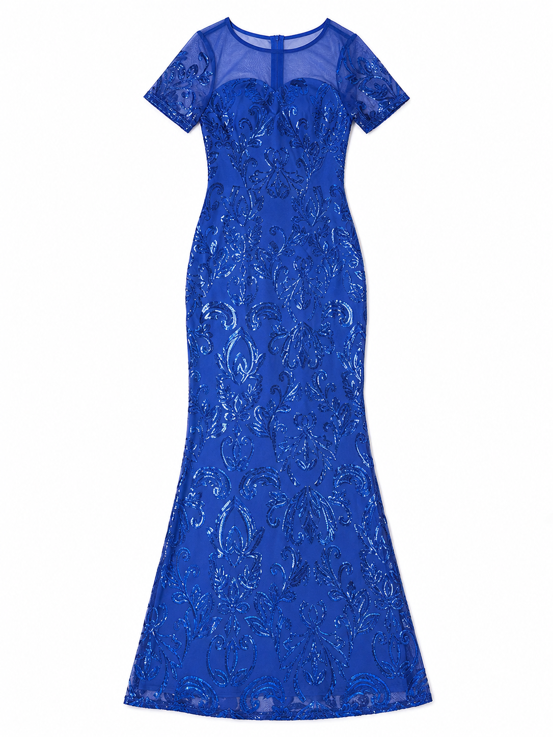 Blue evening dress with floral pattern and sequins
