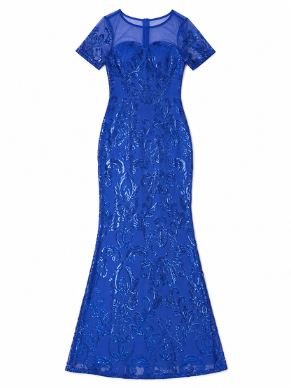 Blue evening dress with floral pattern and sequins