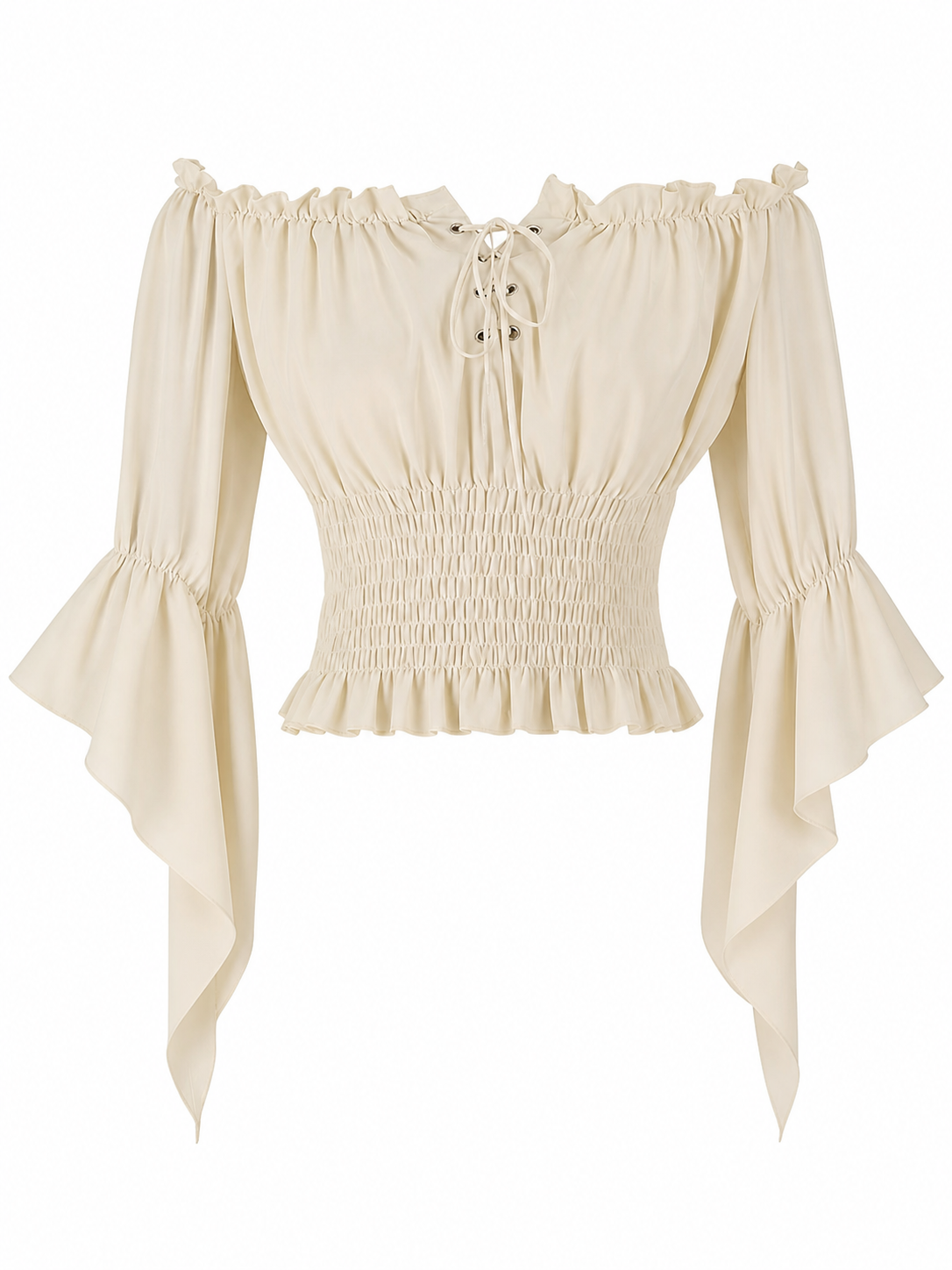 Off-the-Shoulder Lace-Up Blouse, Beige