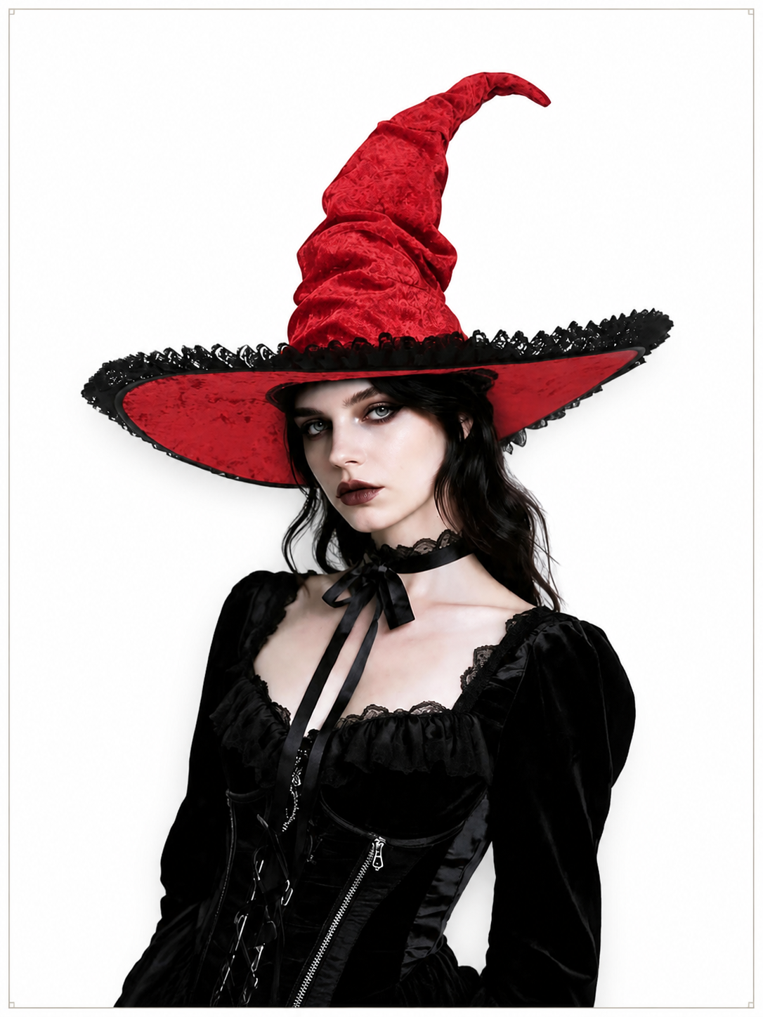 Red and Black Wide Brim Witch Hat, Tall Curved Pointed Top with Black Lace Trim included items 2