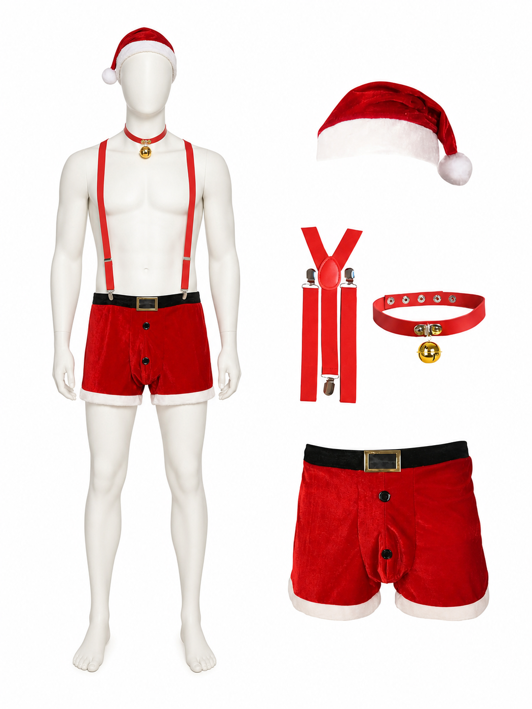 Red and White Christmas Santa Costume Set with Shorts, Suspenders, Hat, Belt included items