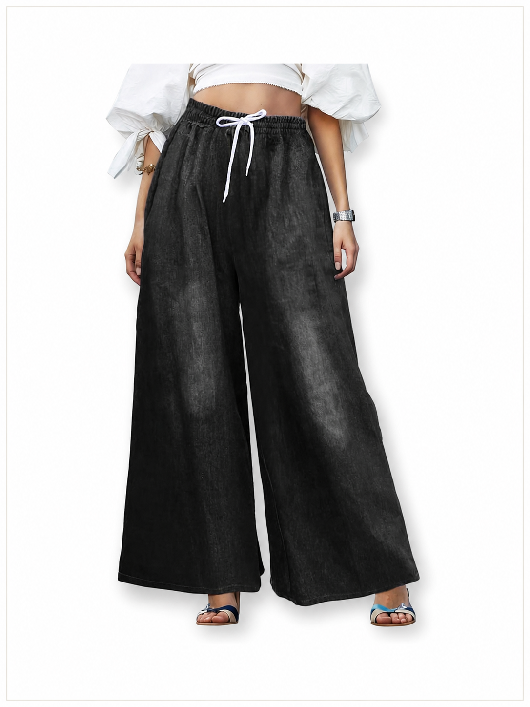 Solid Black Wide-Leg Pants with Elastic Waist and Contrast White Drawstrings included items 3
