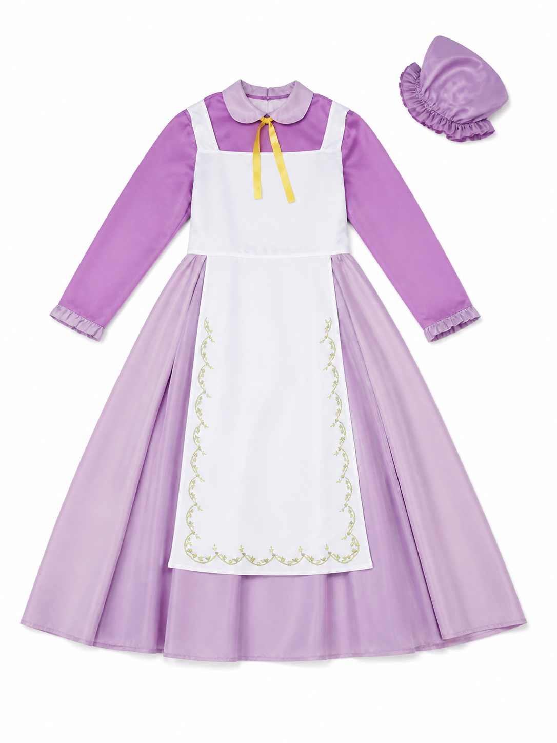 Purple dress costume with apron and bonnet