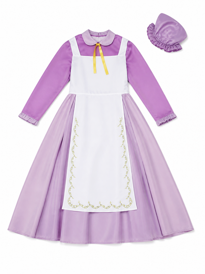 Purple dress costume with apron and bonnet