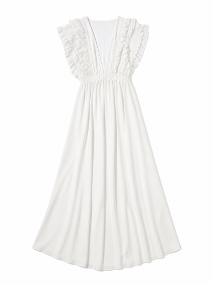 White Floor-Length Dress with a V-Neckline and Ruffled Sleeves